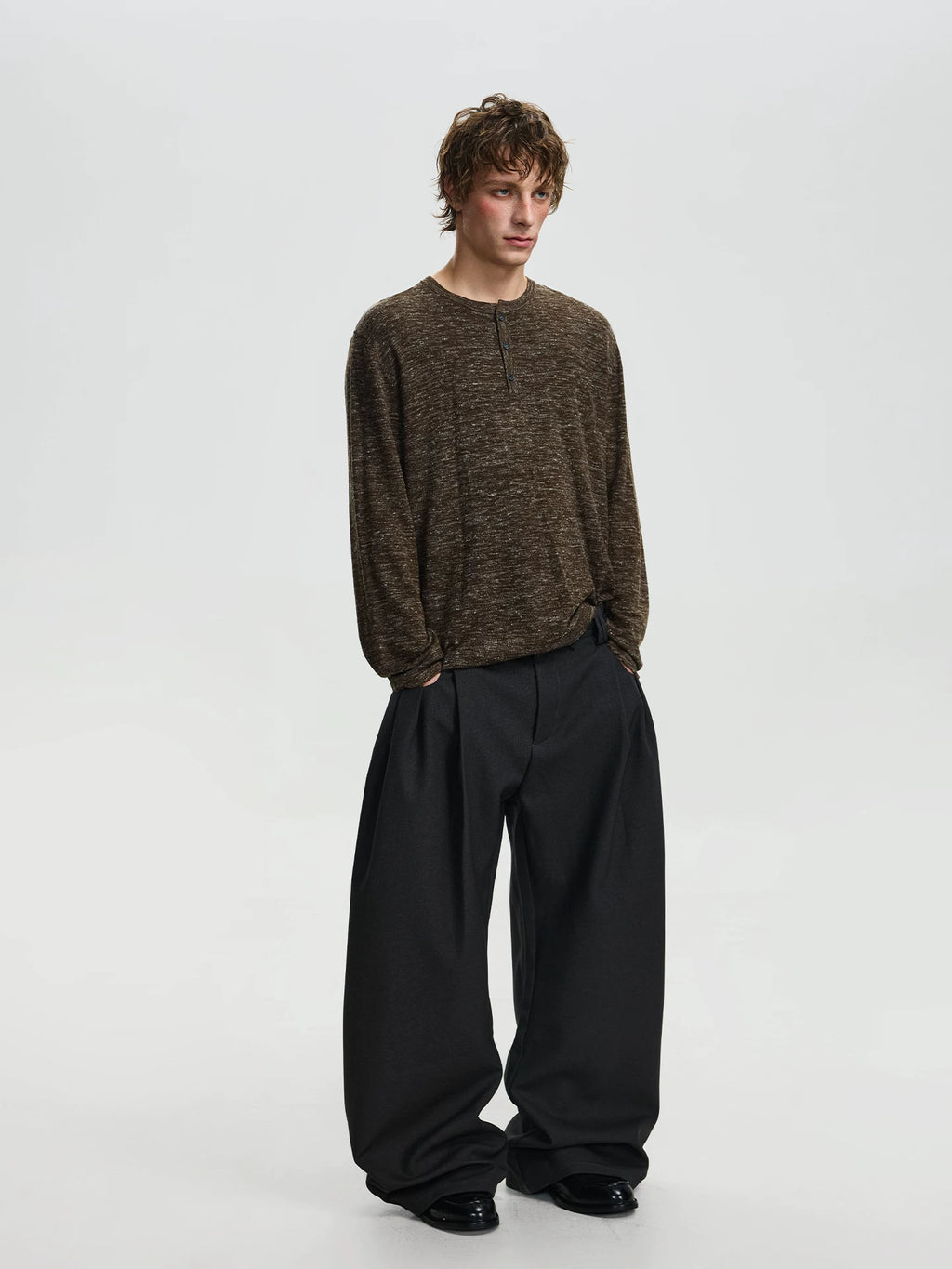 BTSG retro linen blend texture Henry neck knitted long sleeve sweater