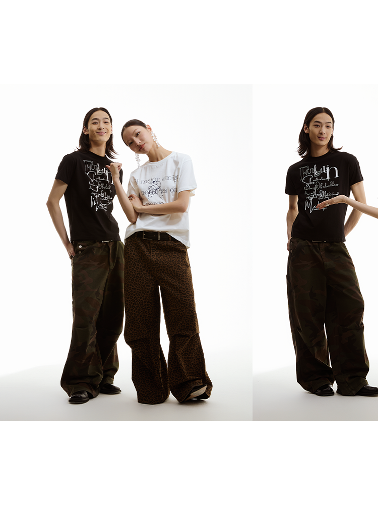 FUNKYFUN Leopard Print Knee Pleated Design Wide-leg Pants