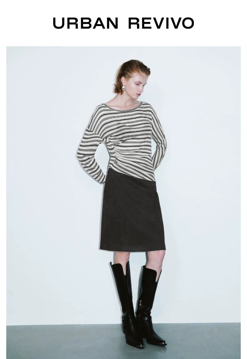 URBAN REVIVO Contrast Striped Slash Neck Pleated Long Sleeve