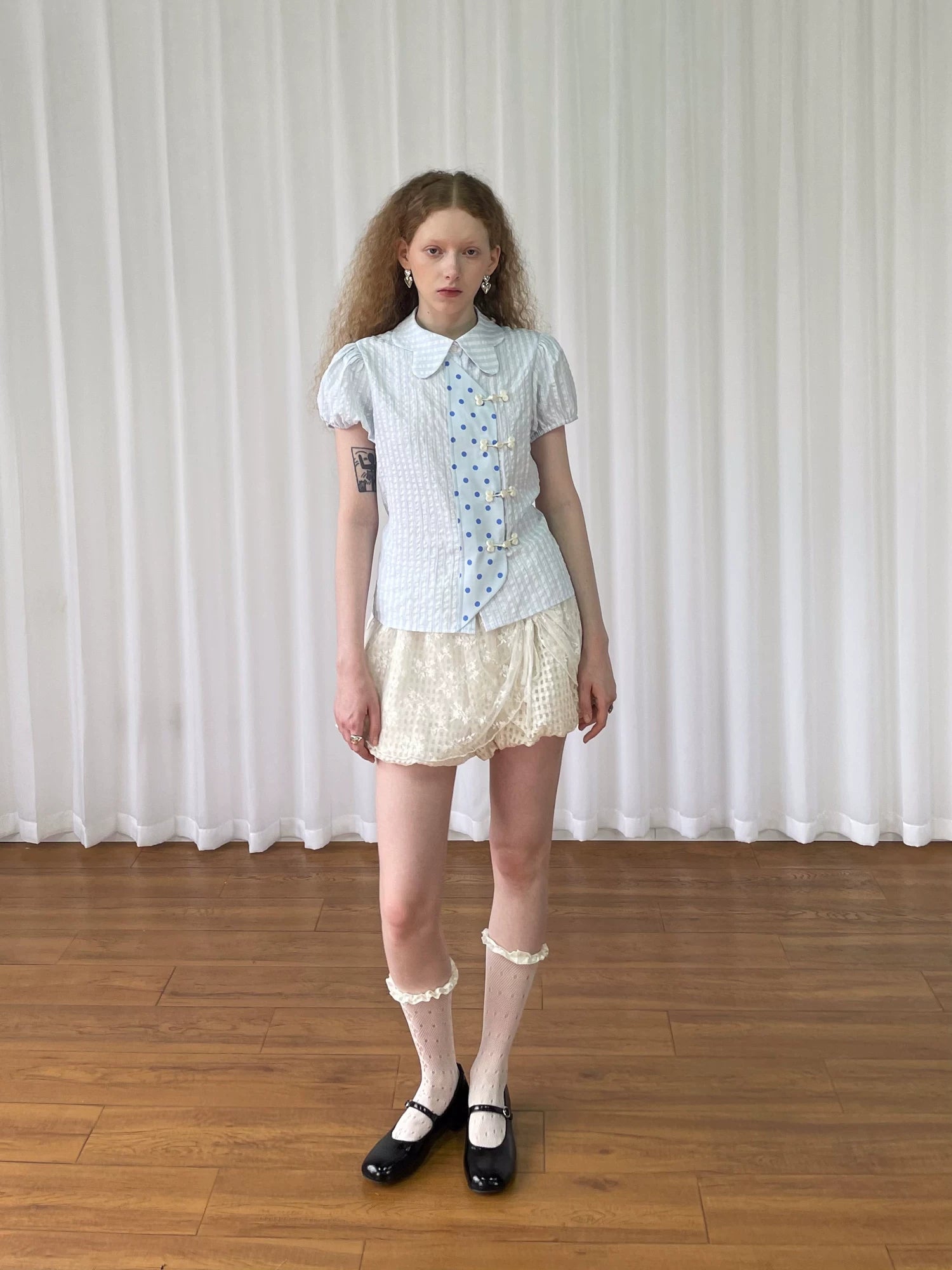 Loosesmell Checked Polka Dot Short Sleeve Shirt