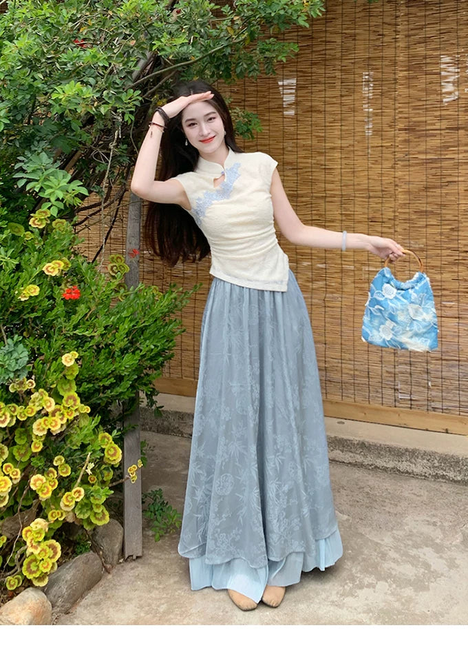 ZIHE Butterfly Jacquard Knitted Top Satin Skirt Set