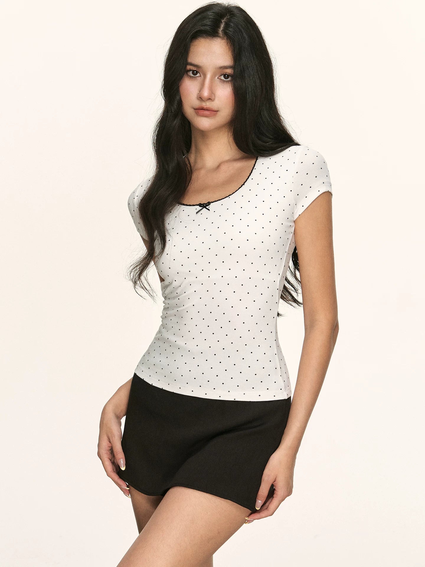 Anna Aneae Polka Dot Lace Edge Square Collar Slim  Tee