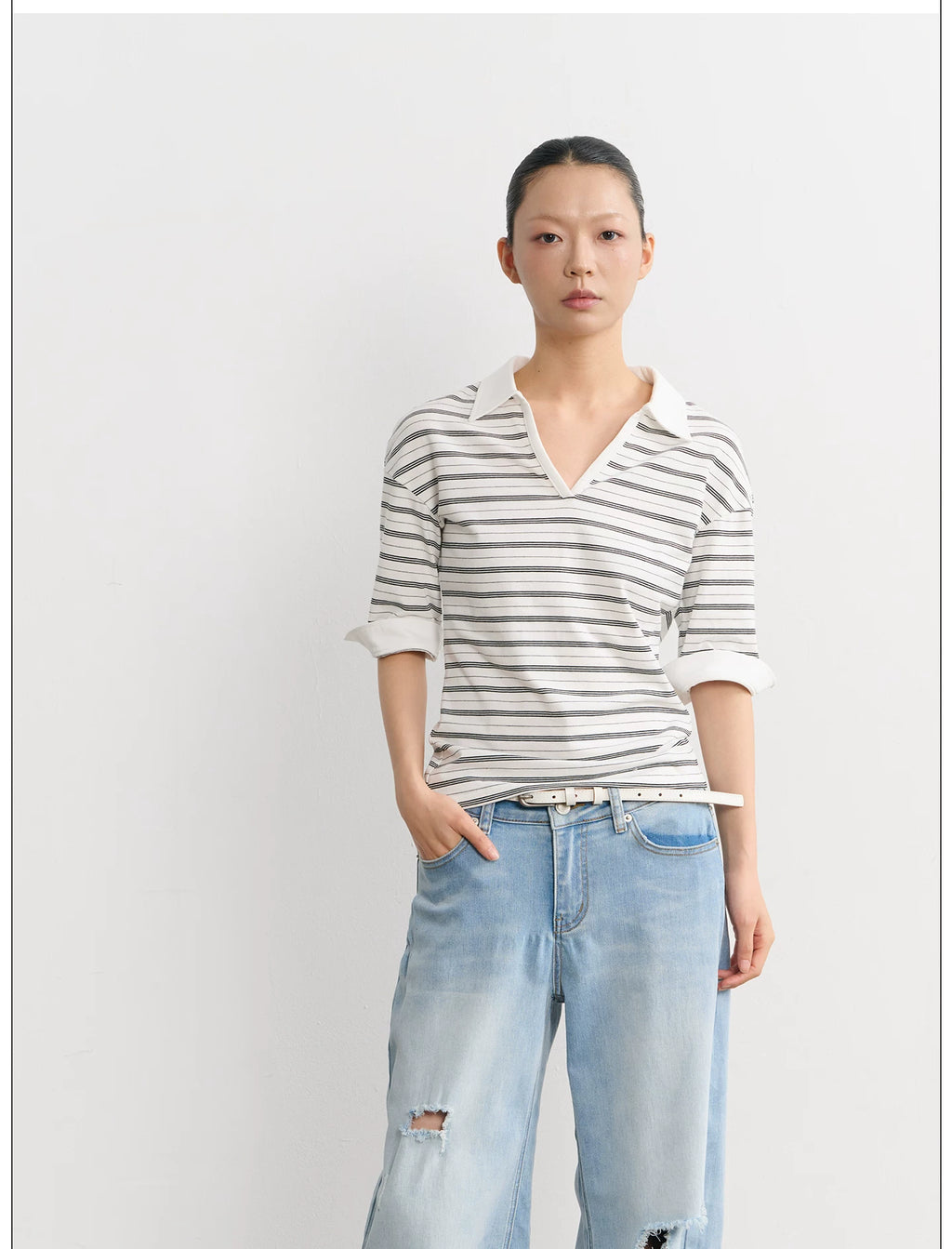 LINY LIBERTY Vintage Slightly Loose Striped V-neck Polo Tee