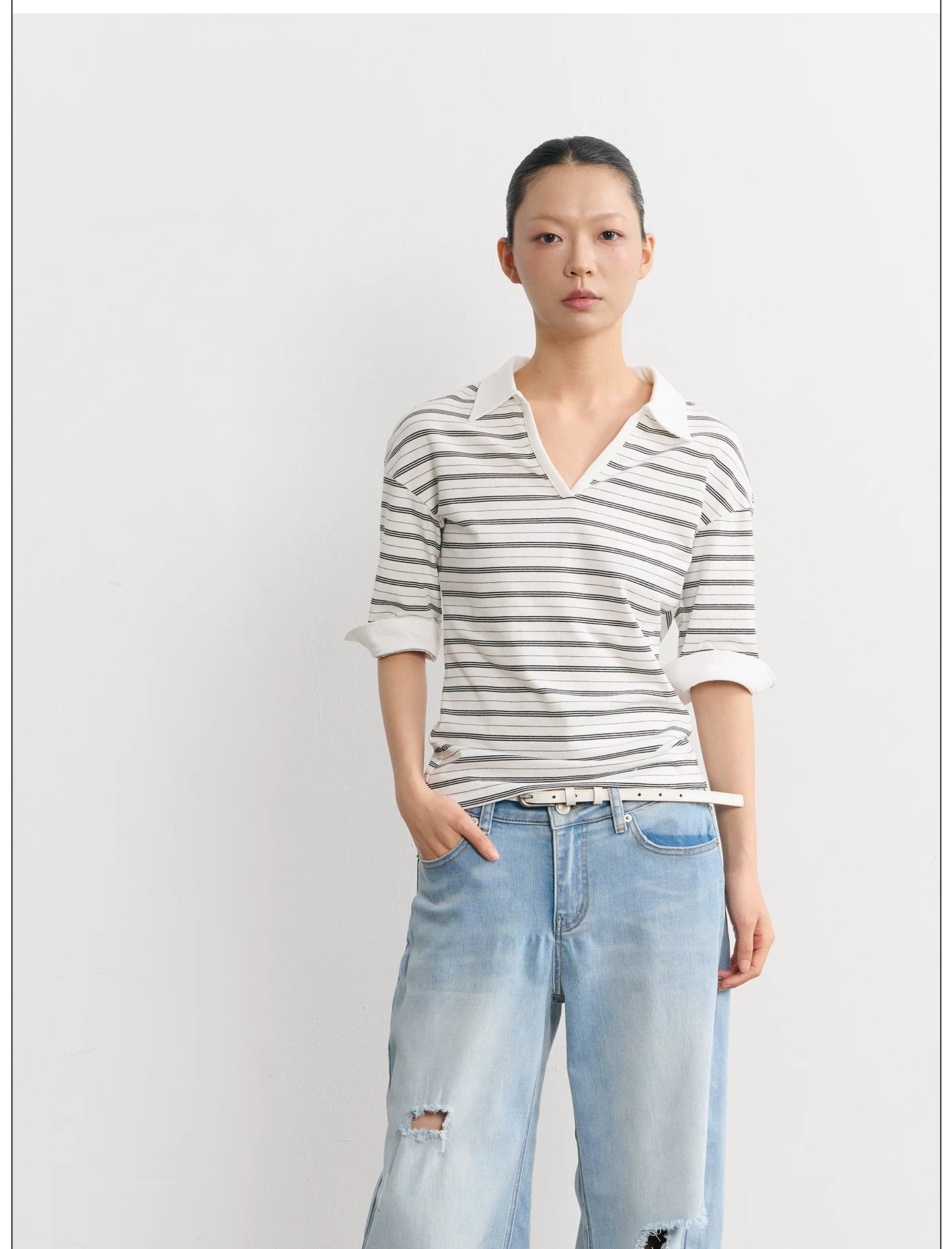 LINY LIBERTY Vintage Slightly Loose Striped V-neck Polo Tee