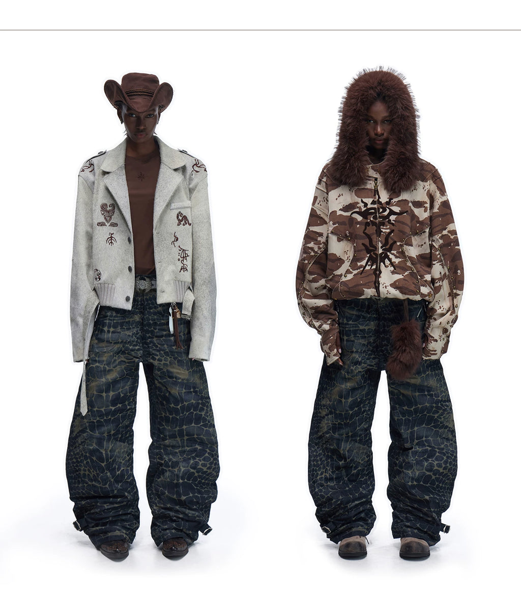 PERSONSOUL * Crocodile Wide-leg Jeans