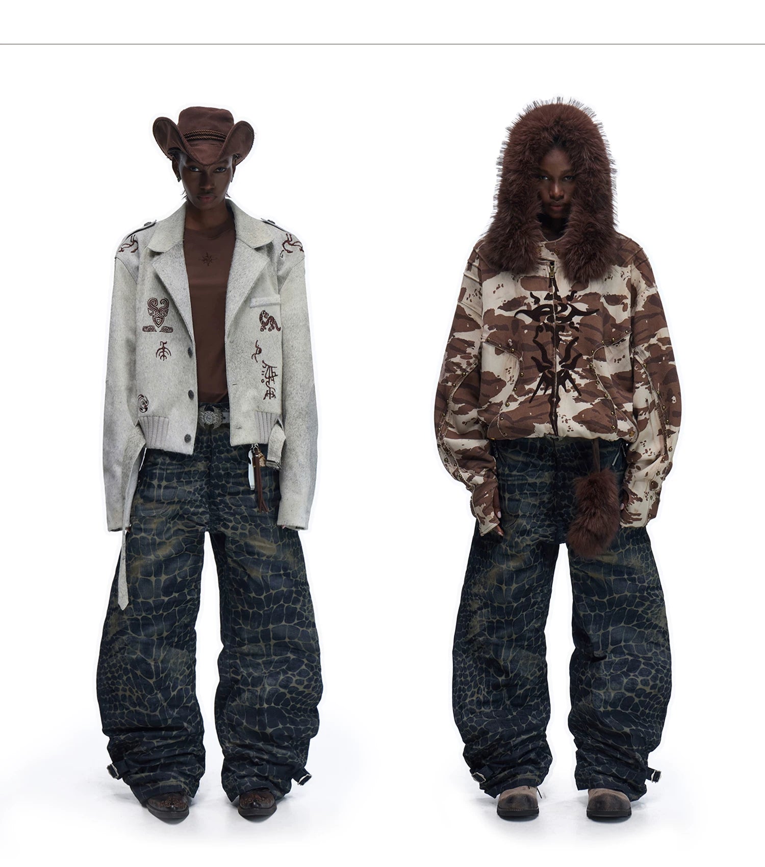 PERSONSOUL * Crocodile Wide-leg Jeans