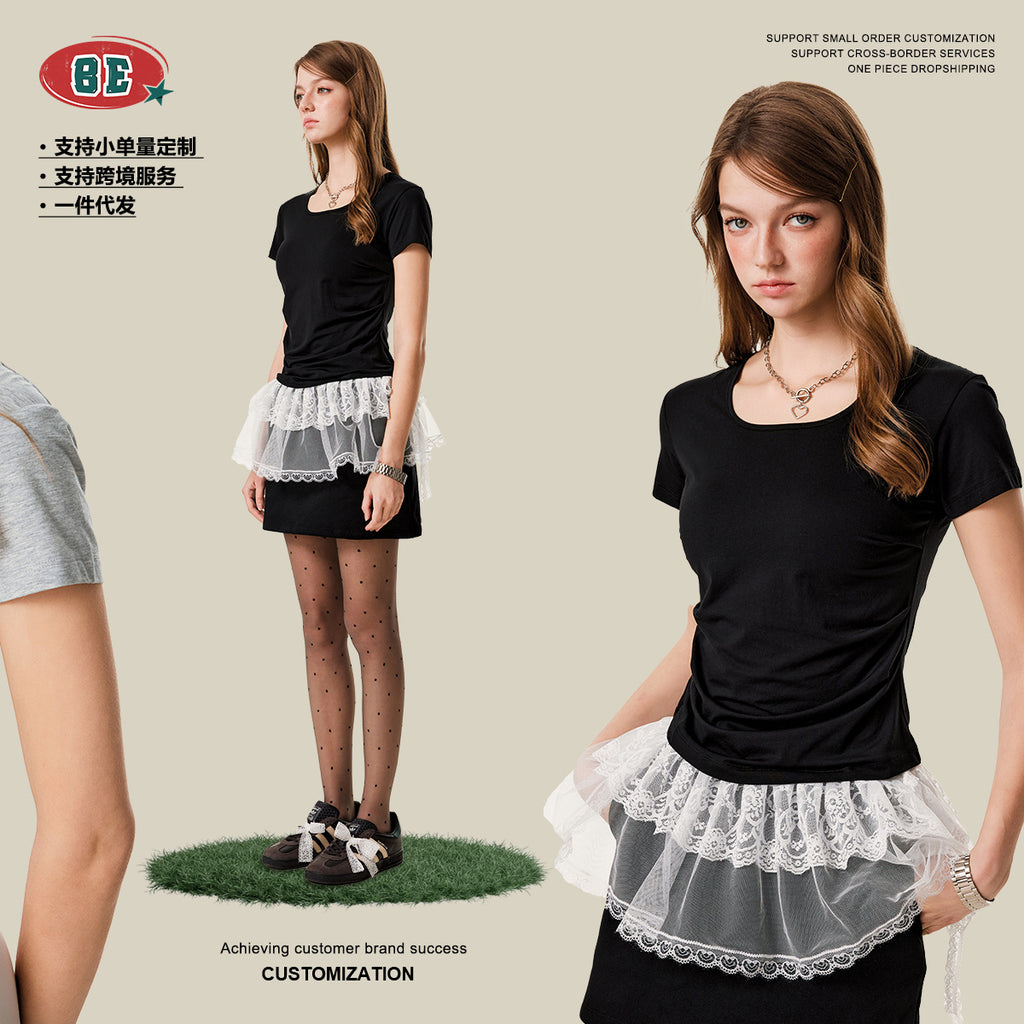 BE women's  Solid Color Square Neck Short Sleeve Waist Slimming Top