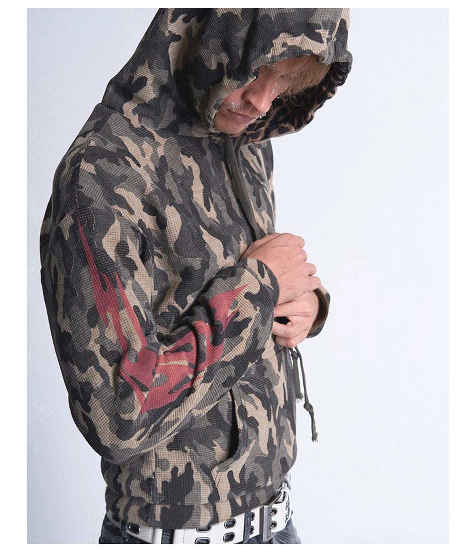noEmosen flame camouflage waffle hooded fit street sweater