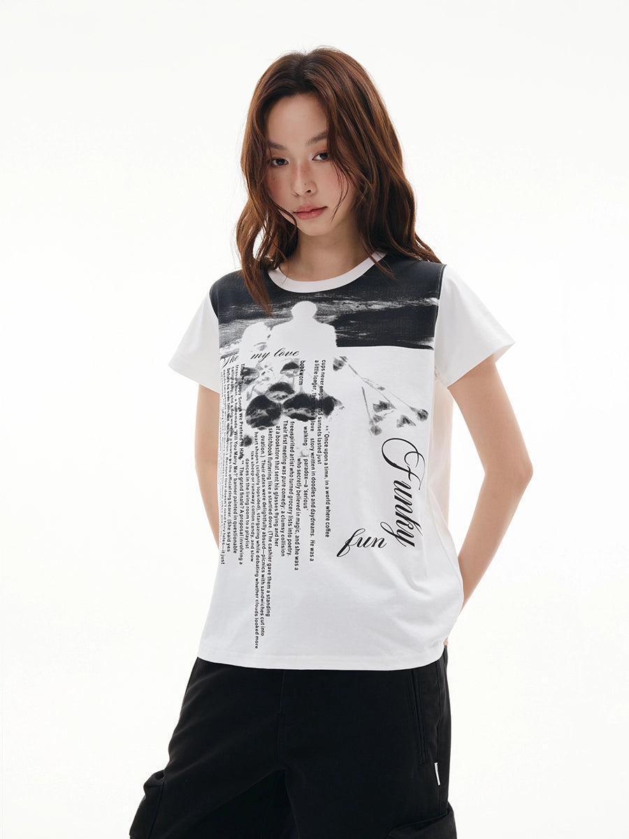 FUNKYFUN Full Print Portrait Slogan Front Shoulder Tee