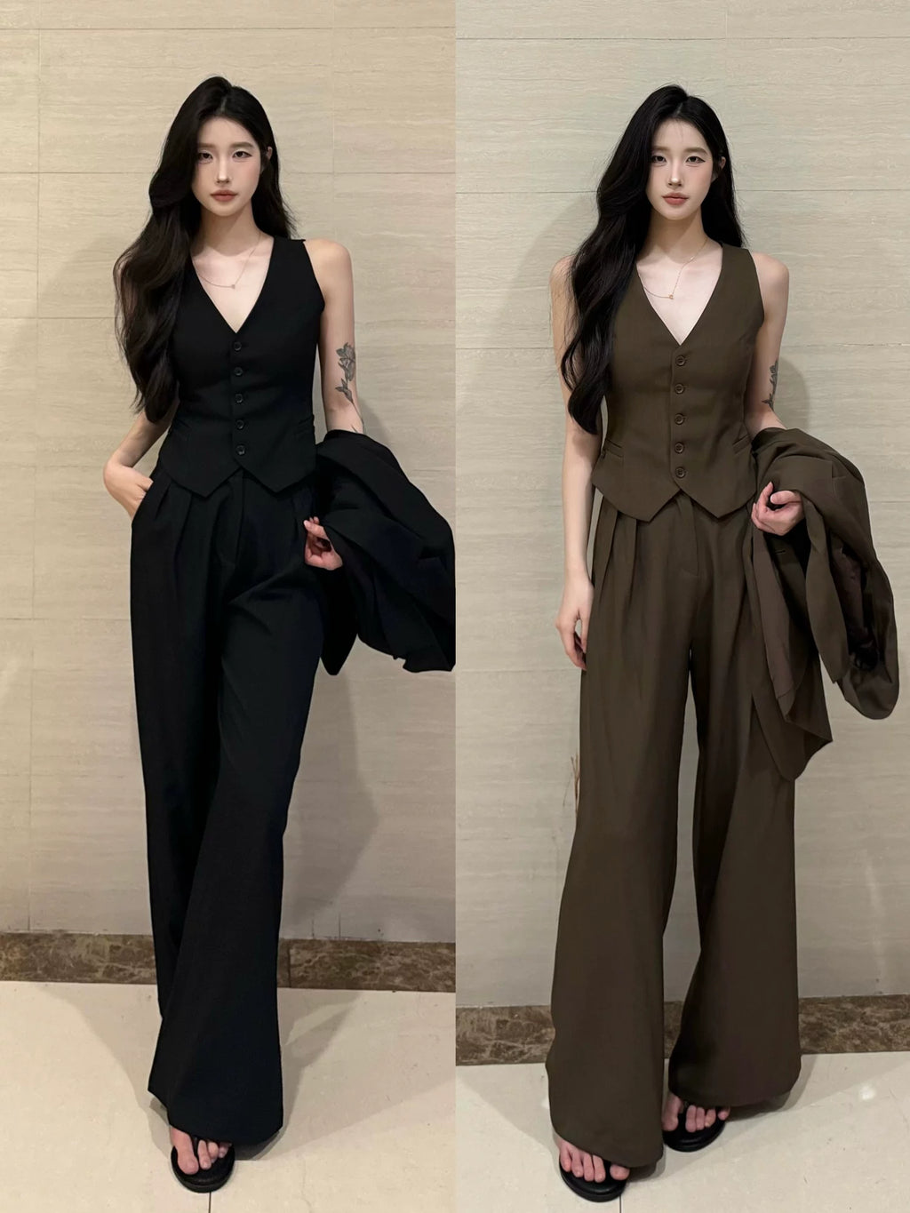 PANPANSTUDIO Simple Commuter Vest Wide-leg Pants Set