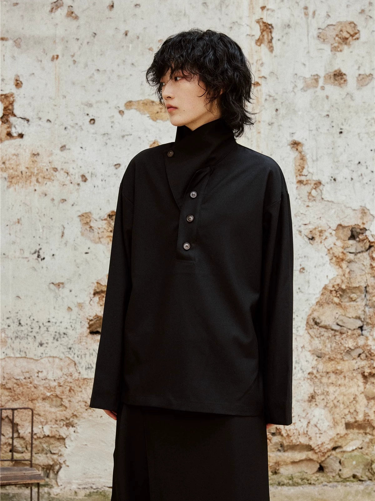 SUNYVONNE Retro Button-down Two-piece Stand-up Collar Long-sleeved Shirt