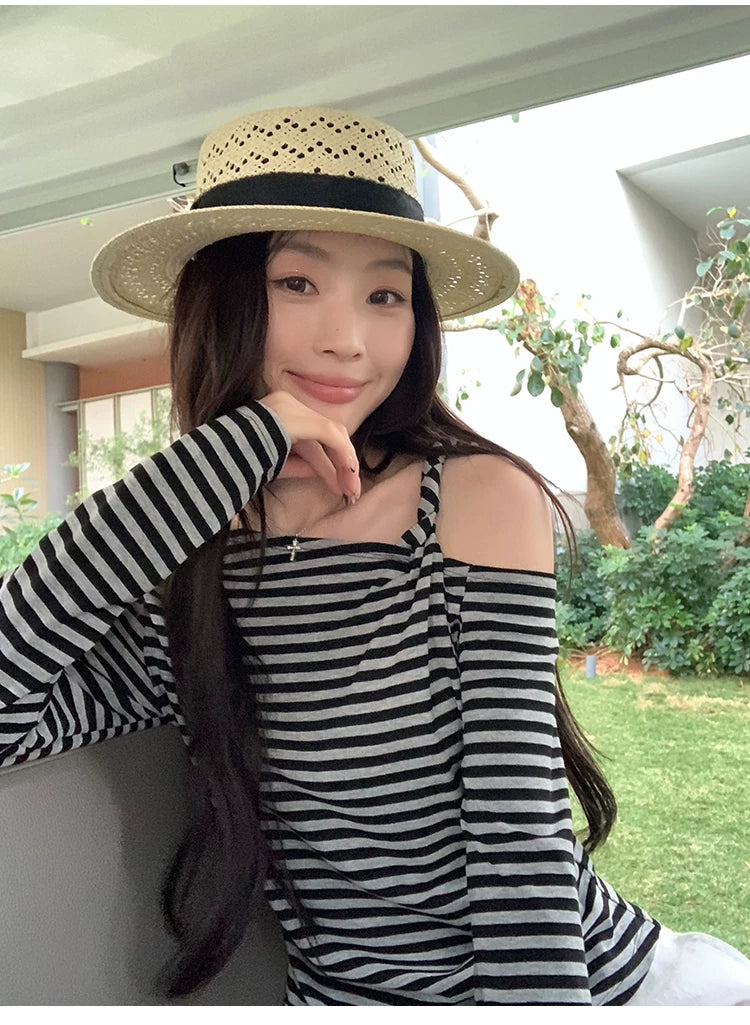 Pusumede Casual Versatile Slash Shoulder Knitted Long Sleeve