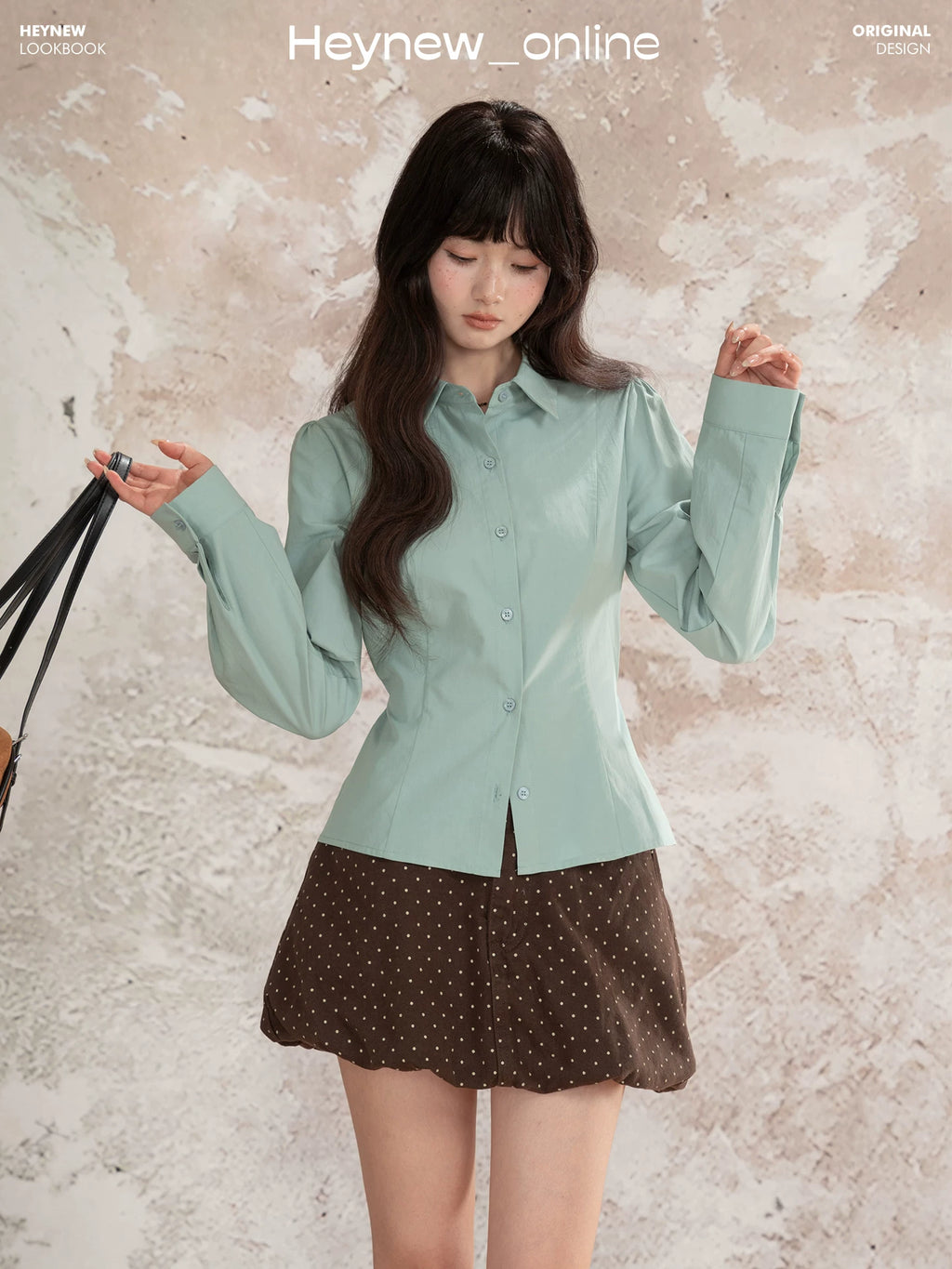 LOVEHEYNEW Waist Skinny Lace-Up Polo Neck Long Sleeve Shirt