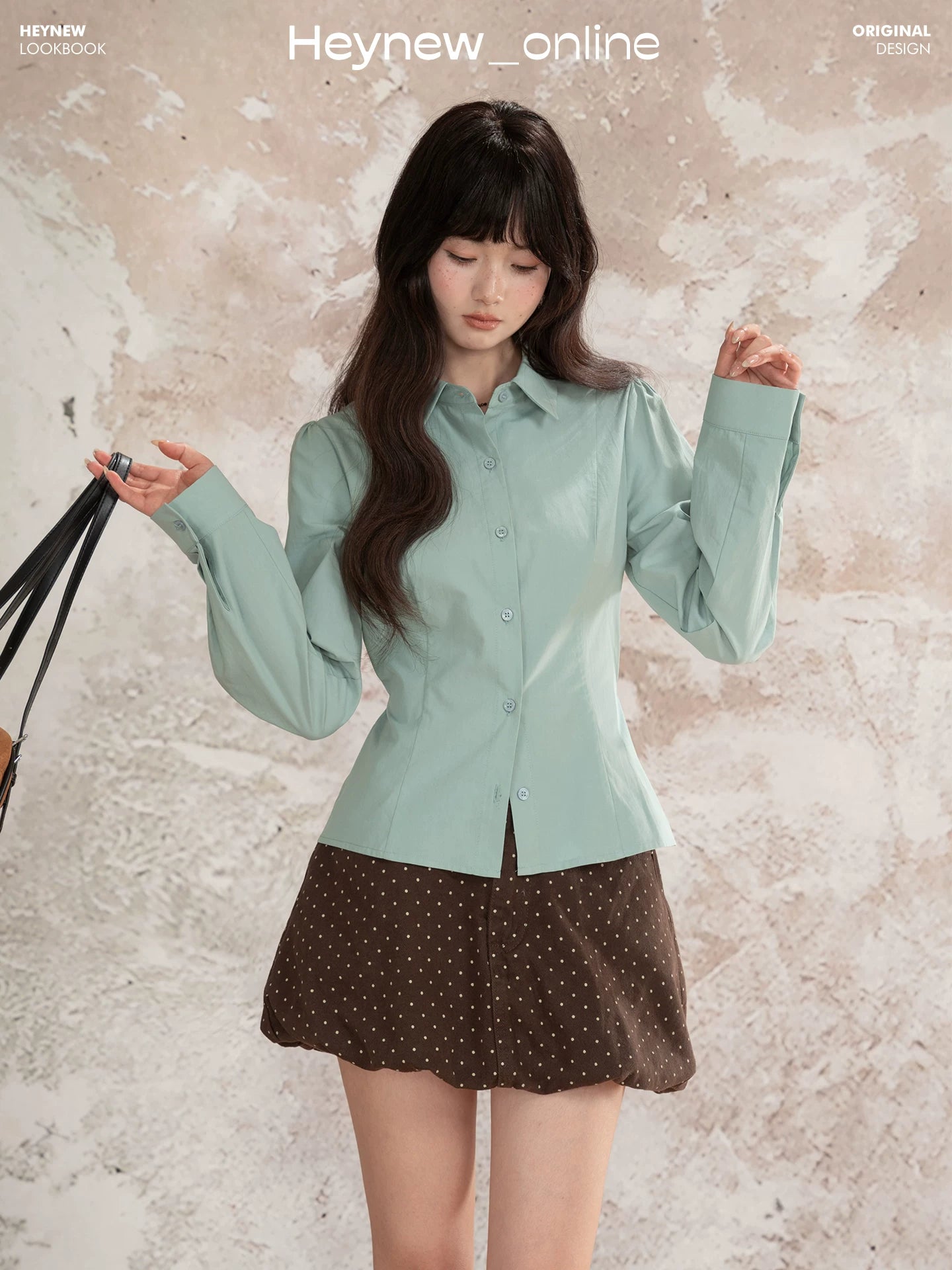 LOVEHEYNEW Waist Skinny Lace-Up Polo Neck Long Sleeve Shirt