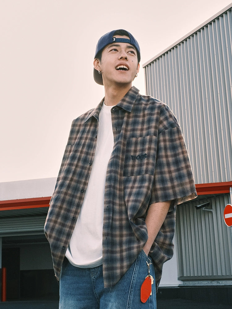 CoosRetro Contrasting Casual Plaid Short-sleeved Shirt