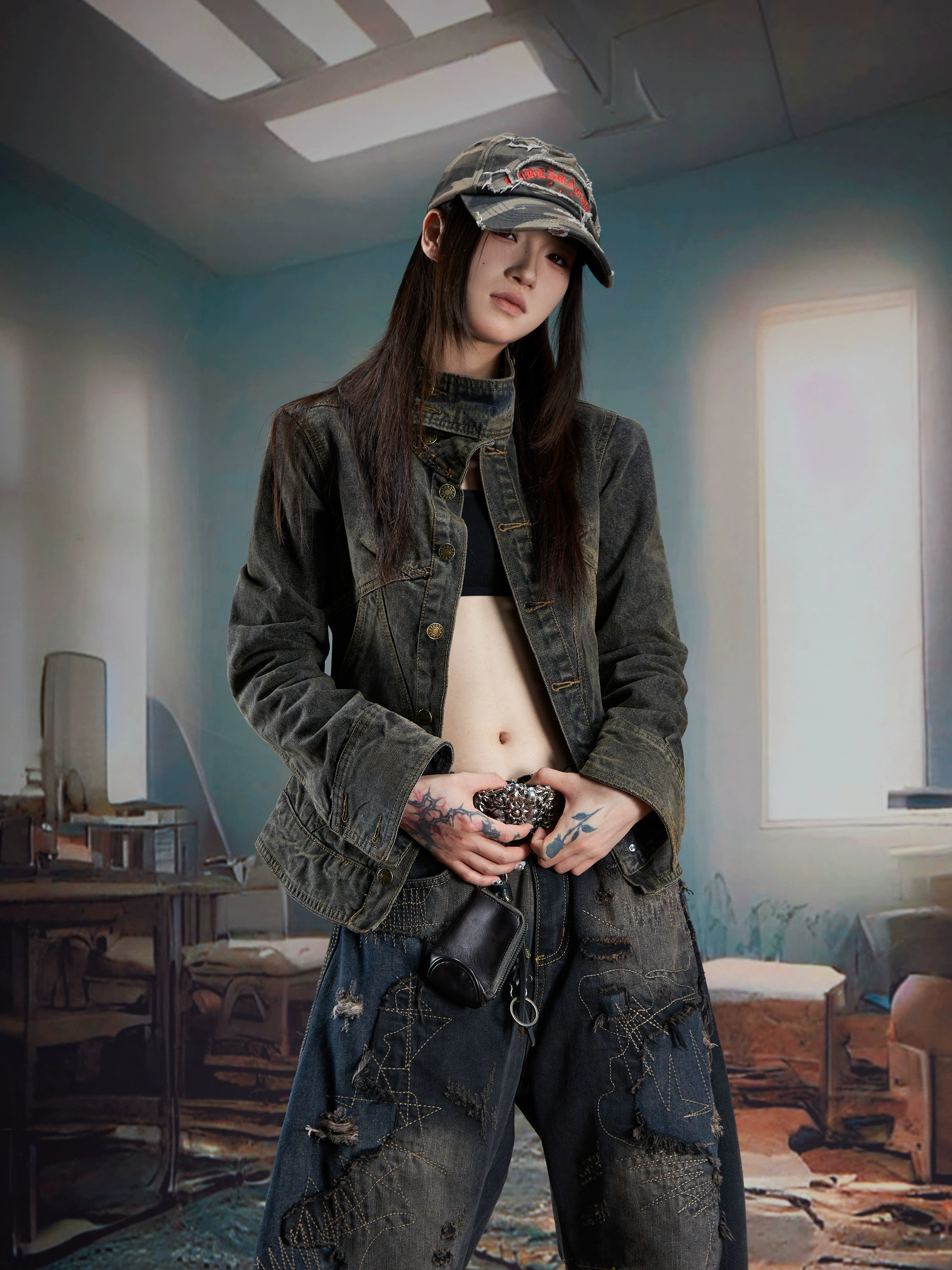 NOMANIAI Retro Old Washed Stand-up Collar Slim Denim Jacket