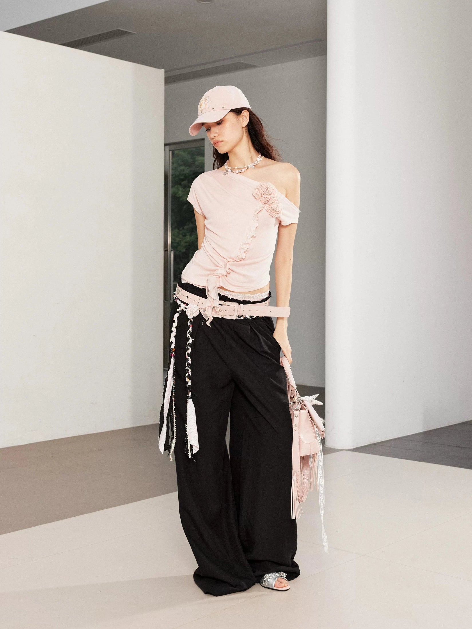 2th Desire Vintage Contrast Waist Lace Splicing Loose Straight Pants