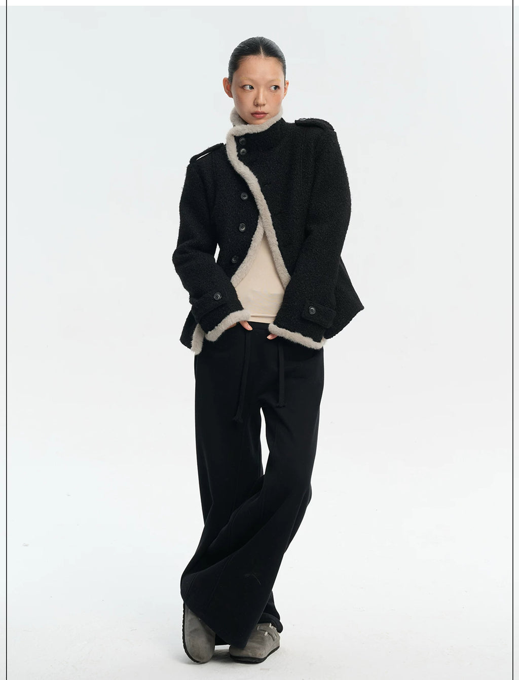 LINY LIBERTY Contrasting Top Stitching Stand-up Collar Woolen Jacket