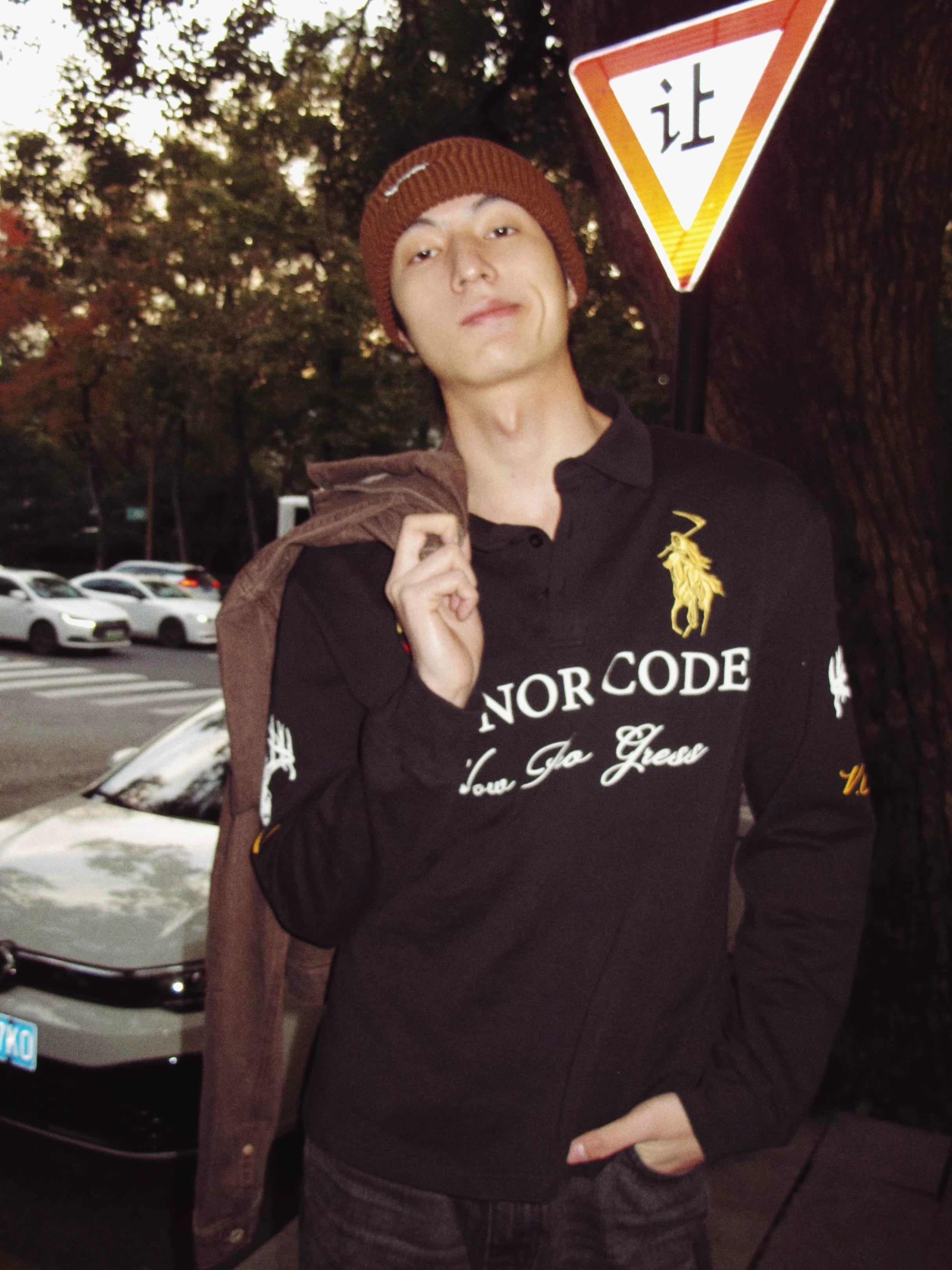 VOWPROGRESS Waist Embroidery Racing Polo Long Sleeve