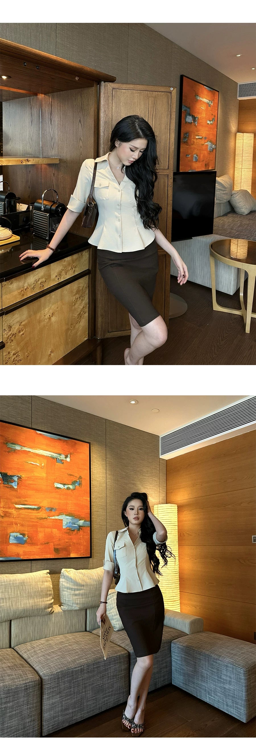 LLROGE Slim Fit and Thin Waist Shirt Skirt Set