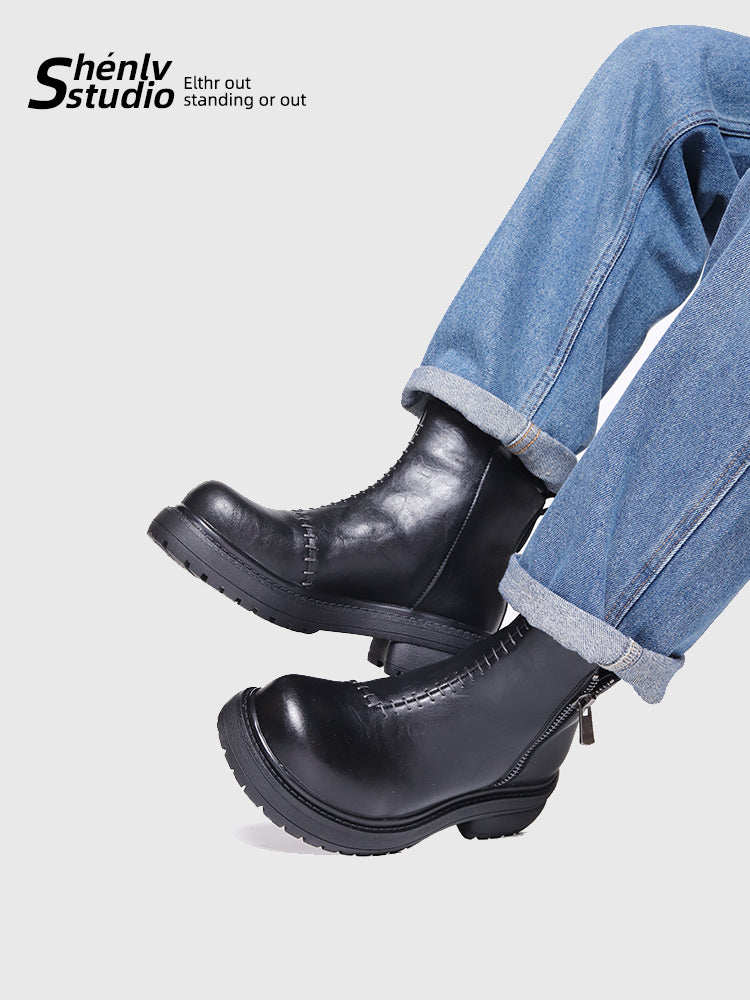 SHENLV STUDIO Side Zipper Chelsea Boots Platform High Top Leather Shoes