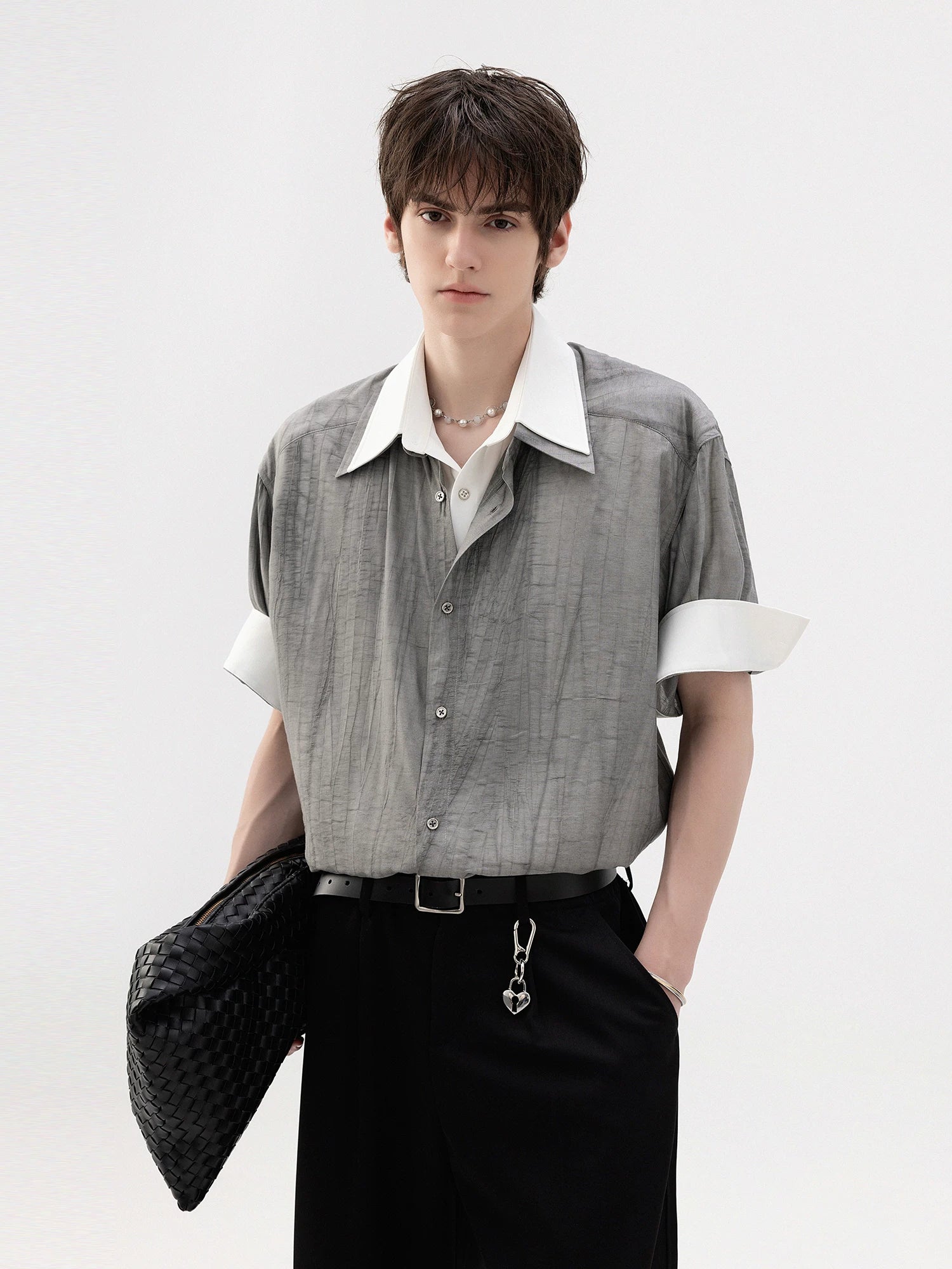 CHOR Fake Two-piece Ink Roll-sleeved Splicing Short-sleeved Shirt