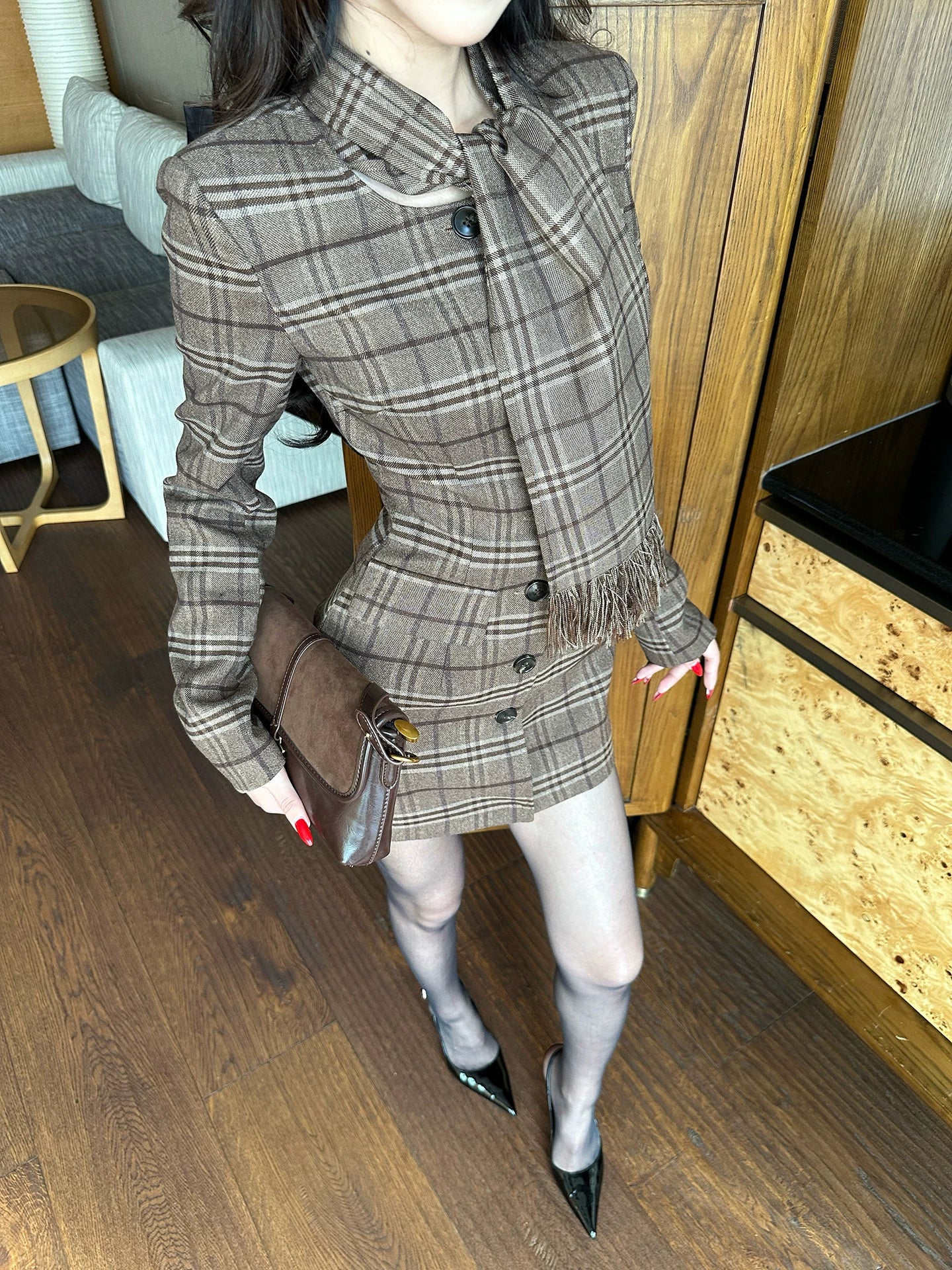 LLROGE Plaid Scarf Collar Shoulder Padded Waist Dress