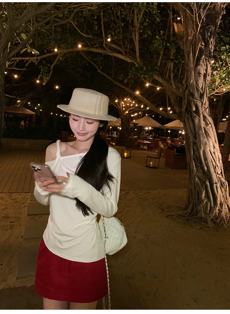 Pusumede Casual Versatile Slash Shoulder Knitted Long Sleeve