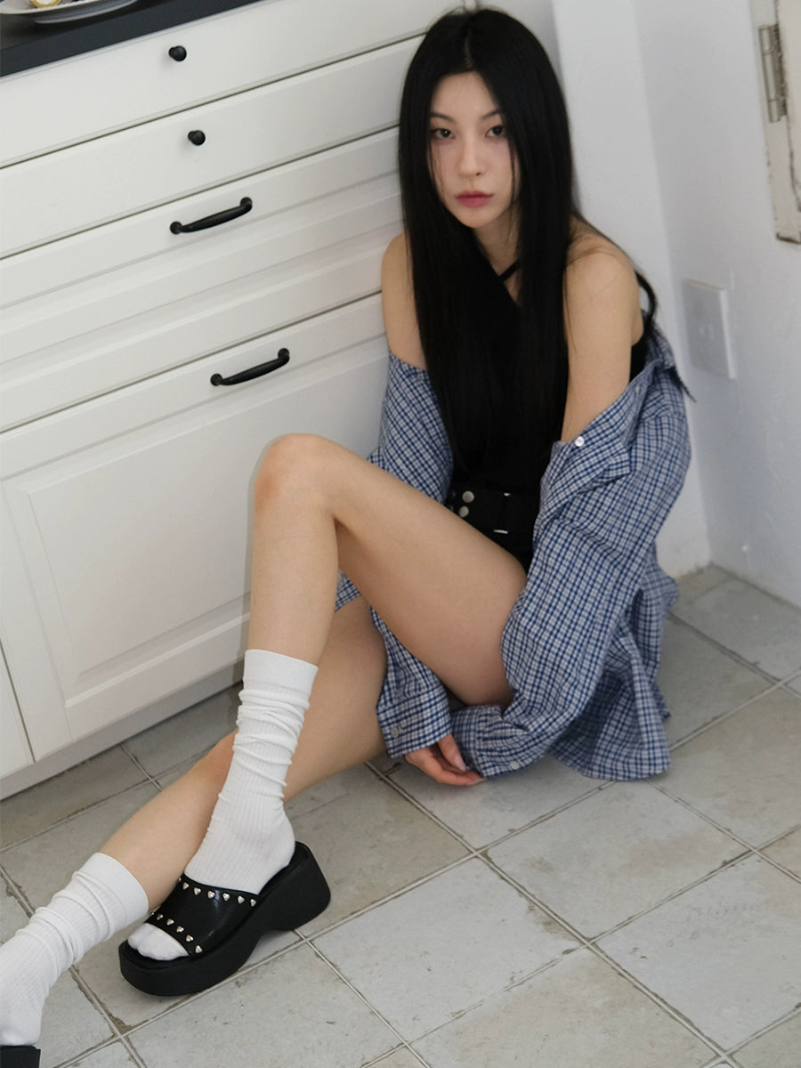 Mooreyu Heightening Muffin One-word Rivet Slippers