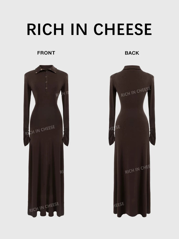 RICH IN CHEESE Turndown Collar Waist Slim Knitted Dress