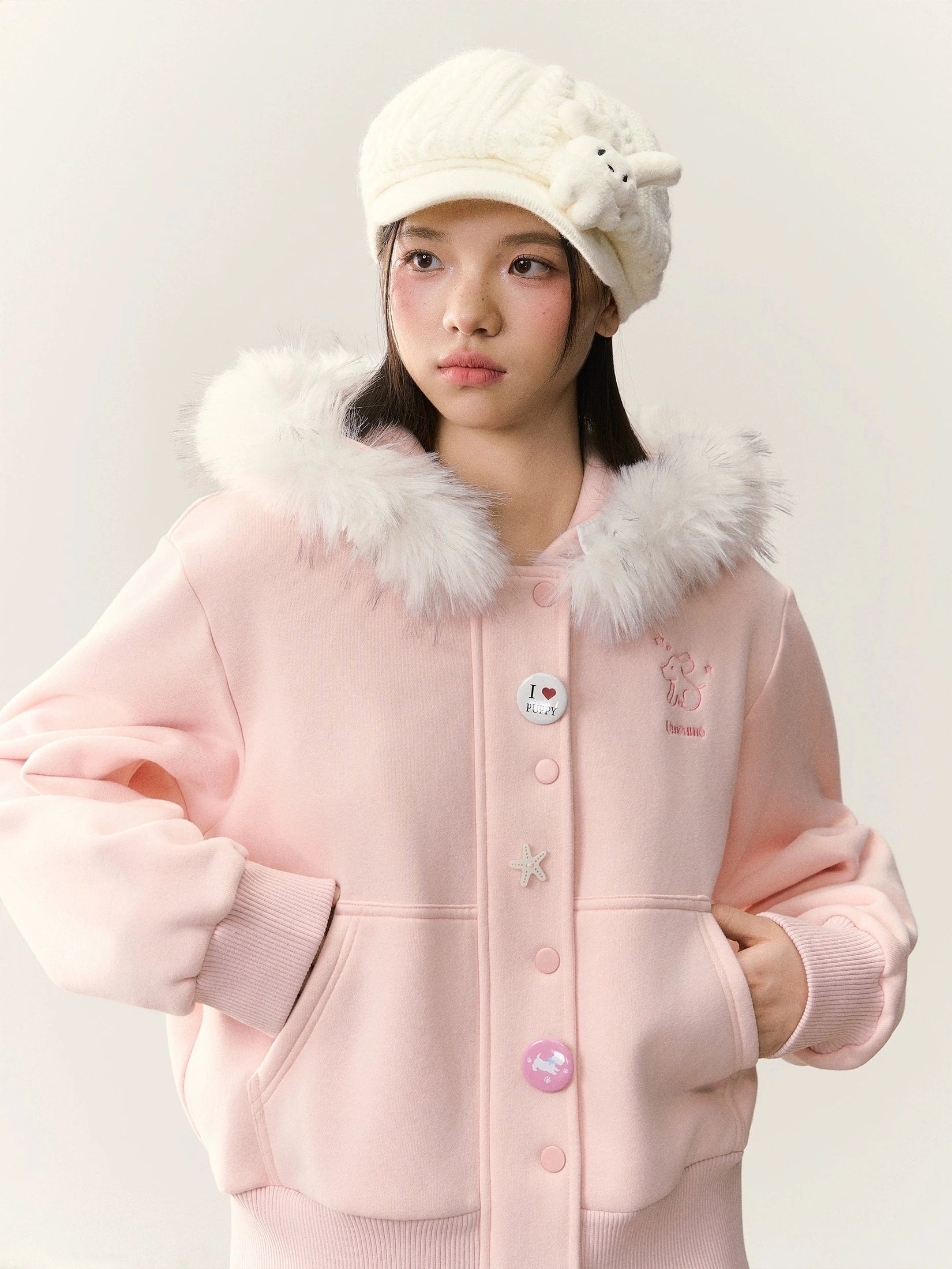 Umoumo Loose Puppy Embroidered Fur Collar Hooded Fleece Sweater