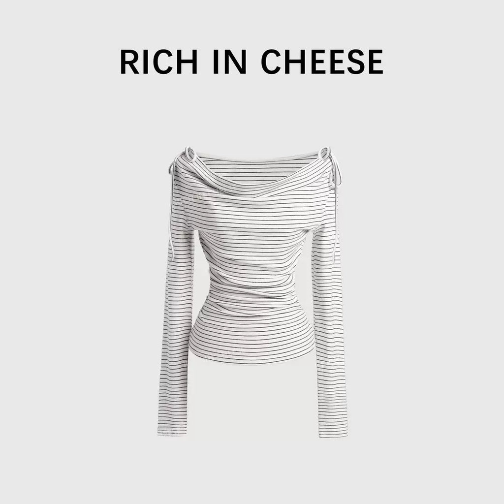 RICH IN CHEESE Striped Bow Knitted Long Sleeve