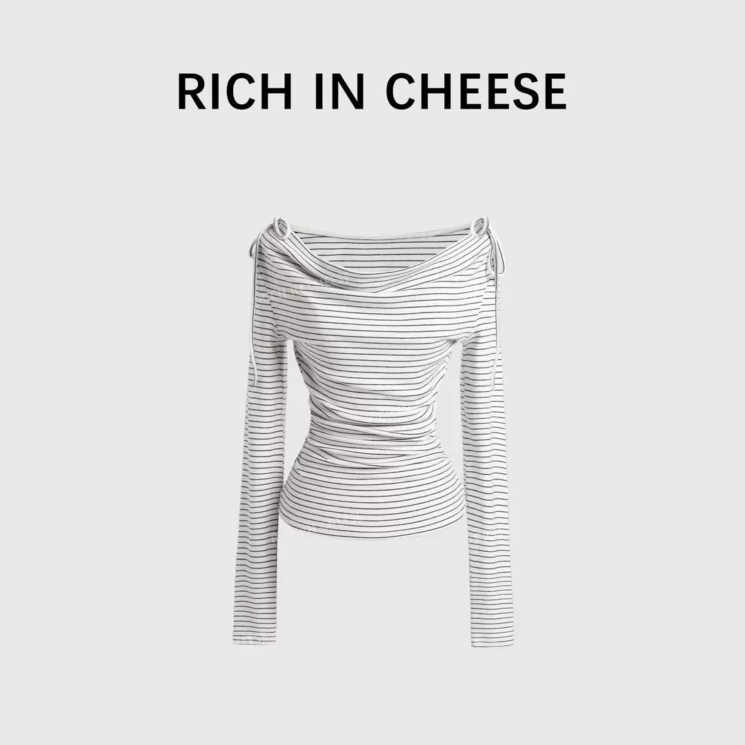 RICH IN CHEESE Striped Bow Knitted Long Sleeve