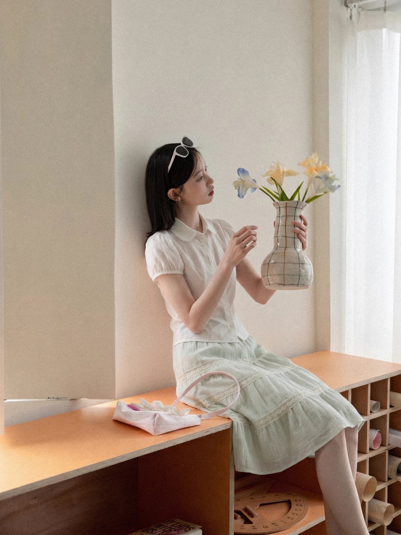 Cantonstory Slim-fit Waist Short-sleeved Shirt Skirt Set