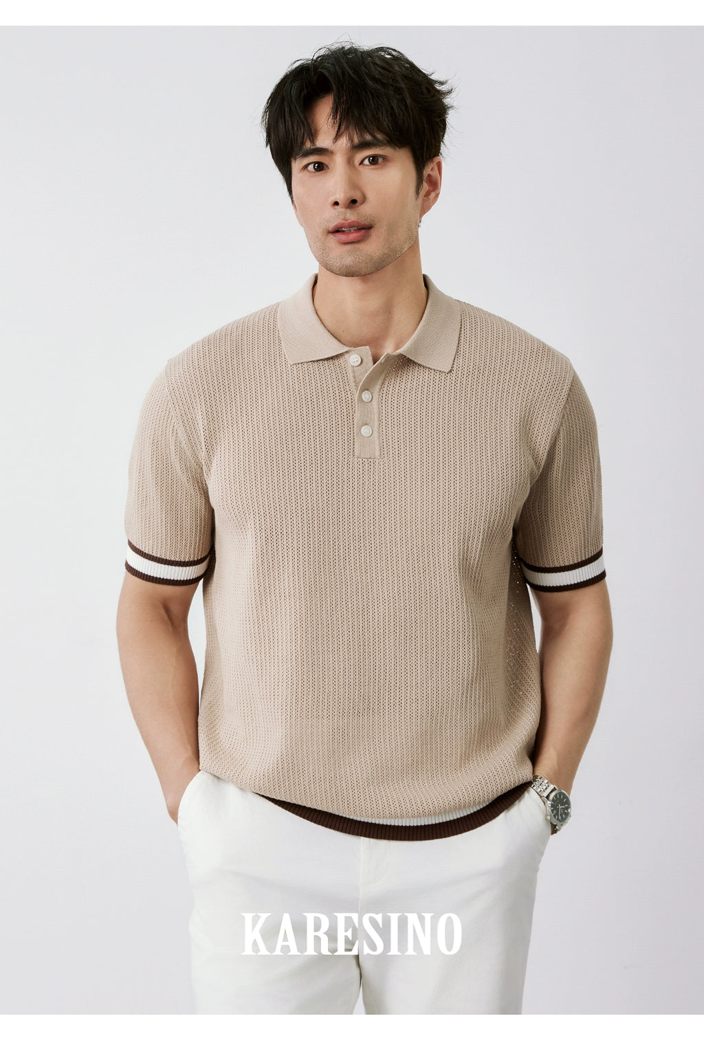 KARESINO Breathable Hollow Mesh Contrast Knitted Polo Shirt