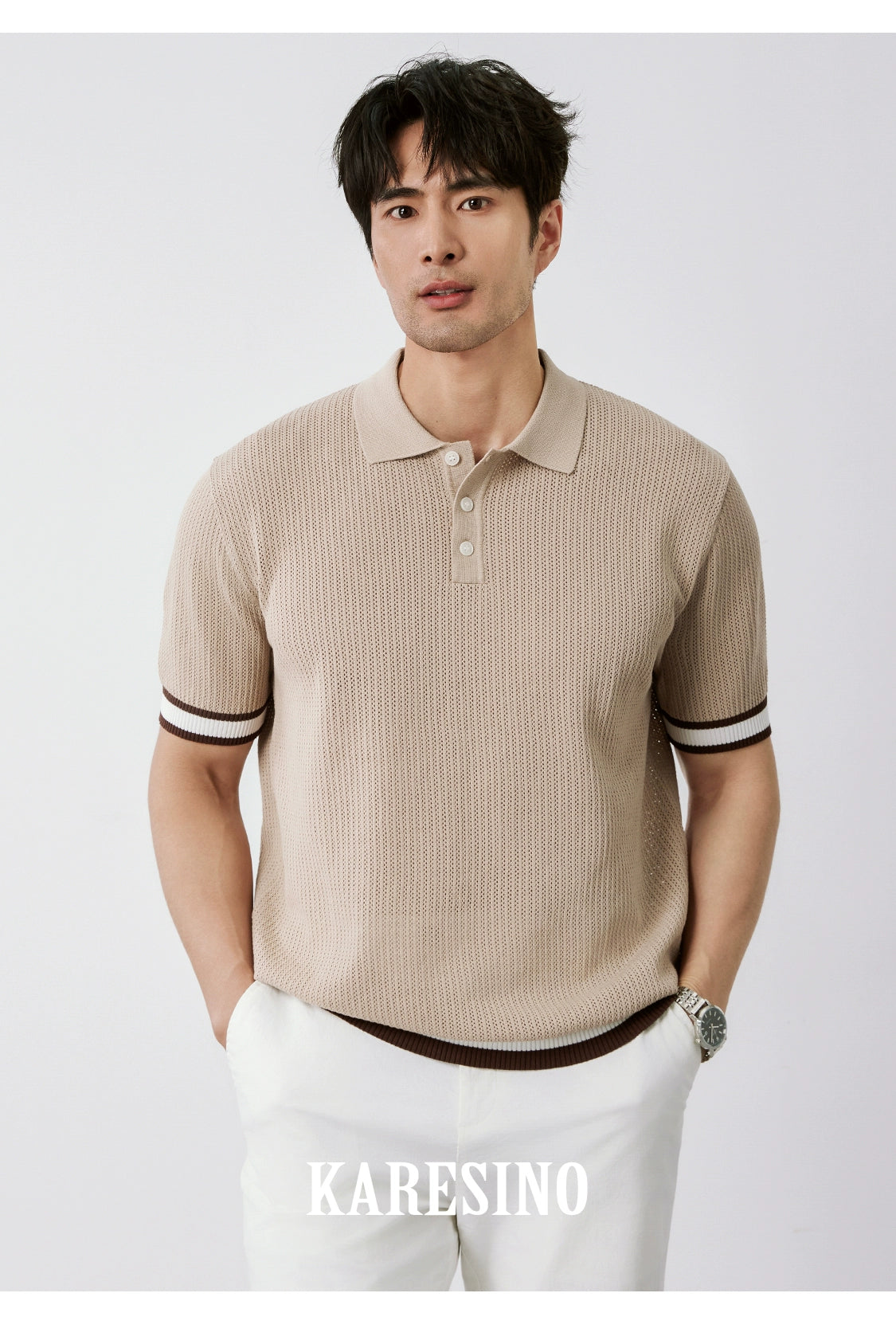 KARESINO Breathable Hollow Mesh Contrast Knitted Polo Shirt