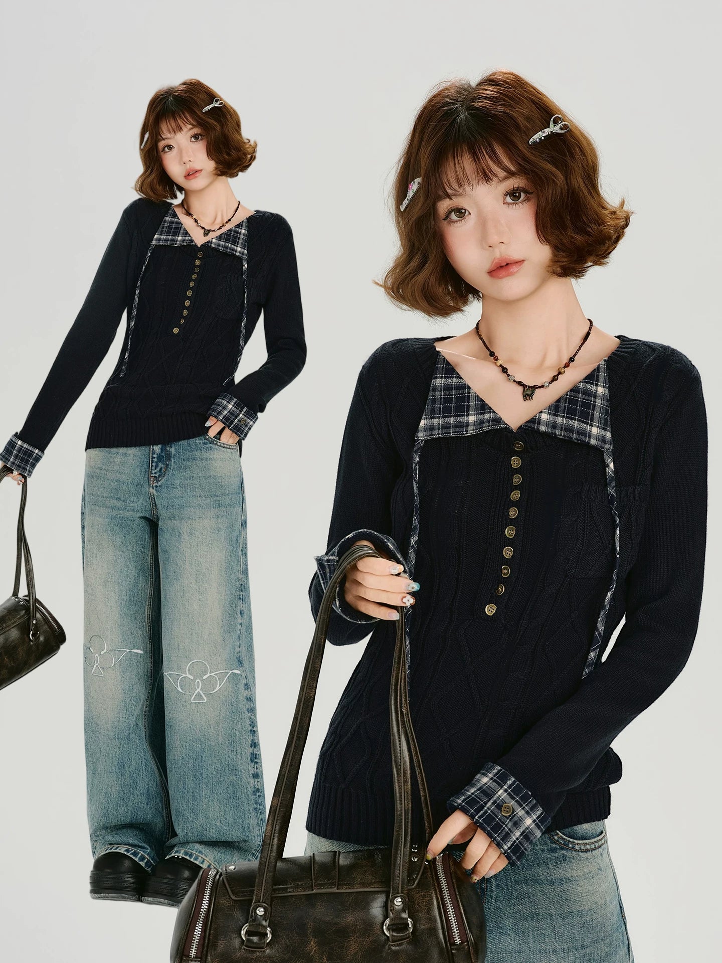 Girlyhalo Vintage Plaid Lapel Knitted Twist Long Sleeve
