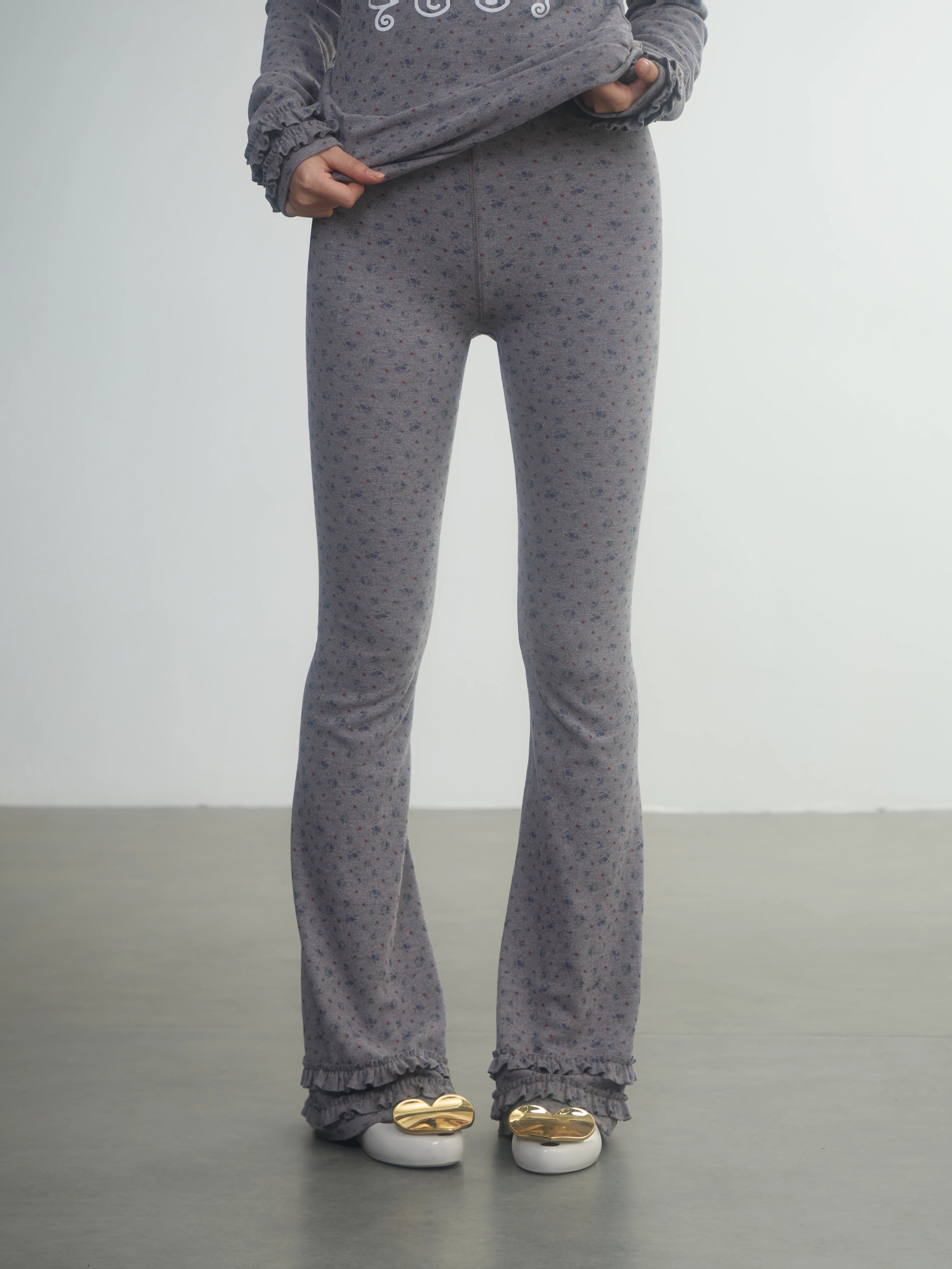In Two Twos German Velvet Micro-flared Leggings Floral Trousers