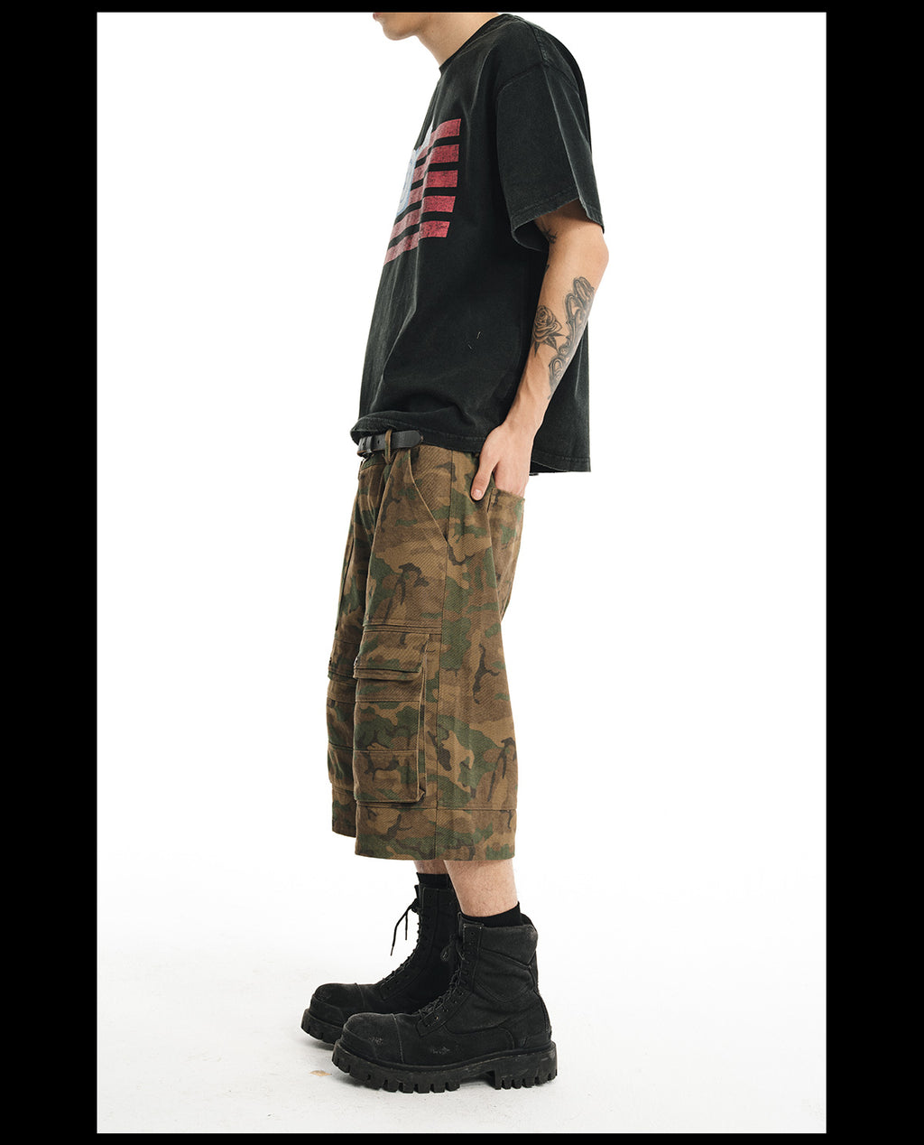NOVACAM wasteland wind retro camouflage baggy heavy mottled old black cropped pants