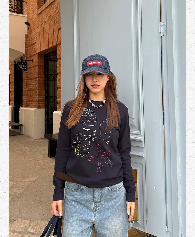 CCYE Embroidery Front Shoulder Crew Neck Slim Fit Slightly Loose Long Sleeves