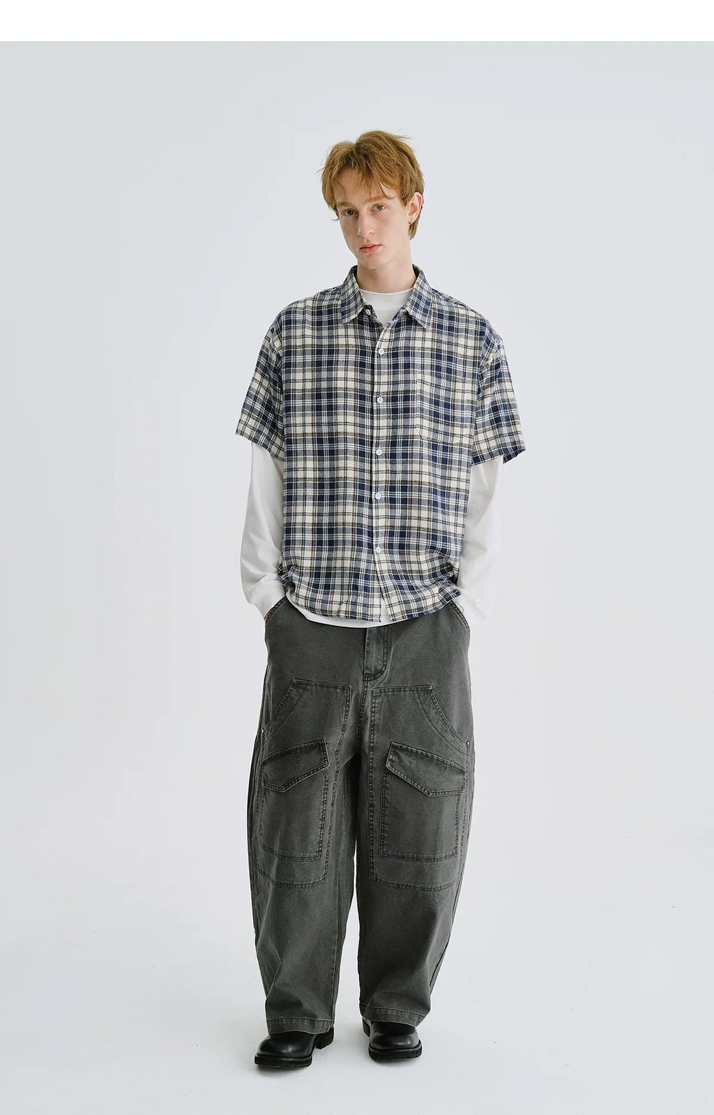 LIVINGTOWN Simple and Versatile Color-blocked Plaid Short-sleeve Shirt