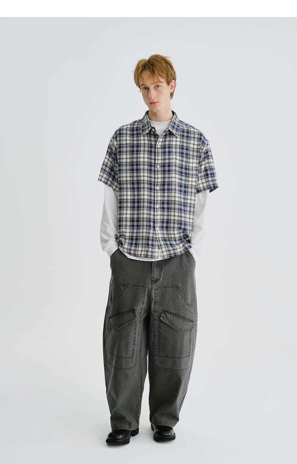 LIVINGTOWN Simple and Versatile Color-blocked Plaid Short-sleeve Shirt