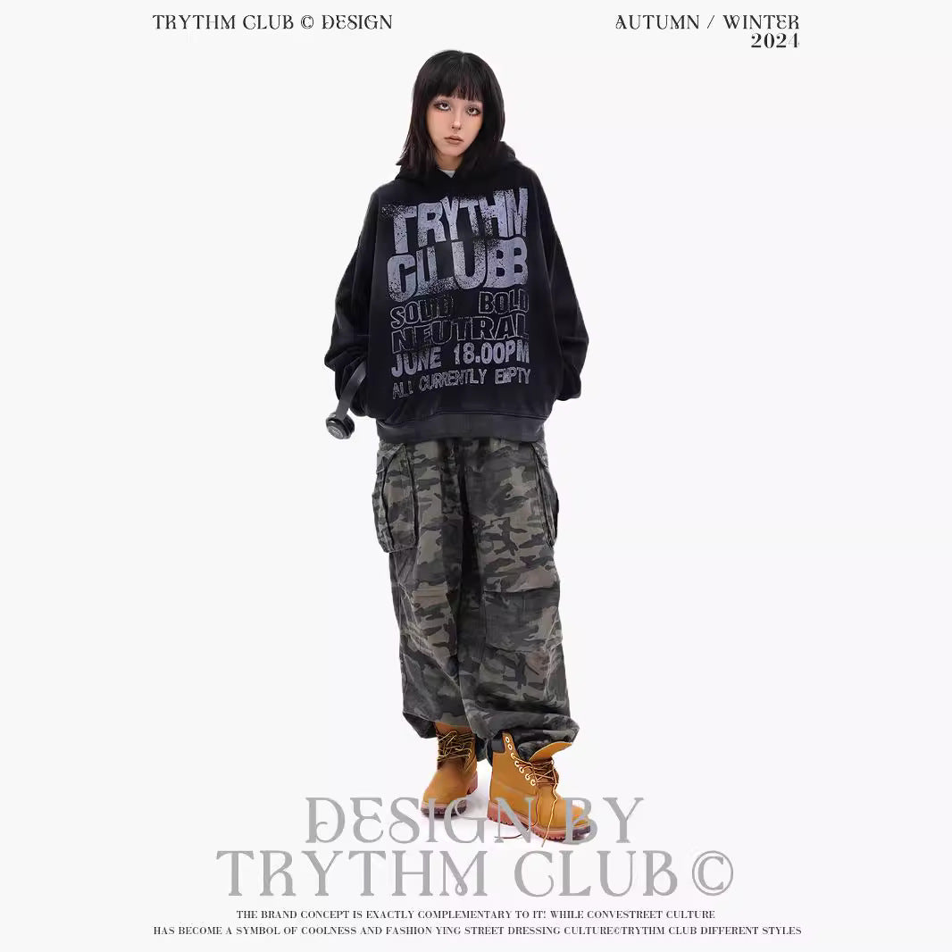 TRYTHMCLUB Vintage Camo Pocket Tooling Straight Loose Wide Leg Pants