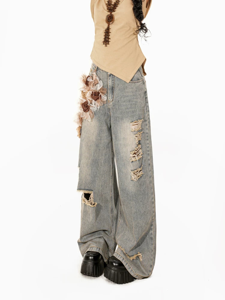 Arielink Three-dimensional Flower Ripped Floor Mopping Jeans