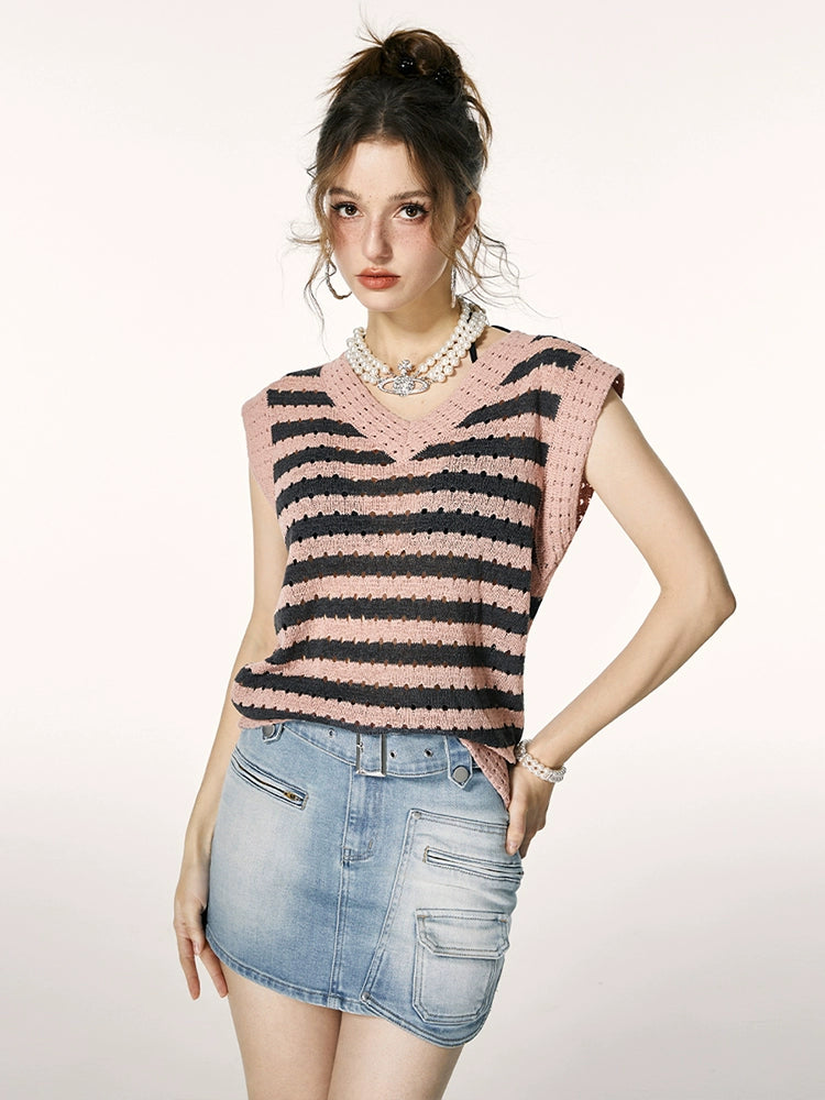 IMONE One Size V-Neck Knitted Striped Vest