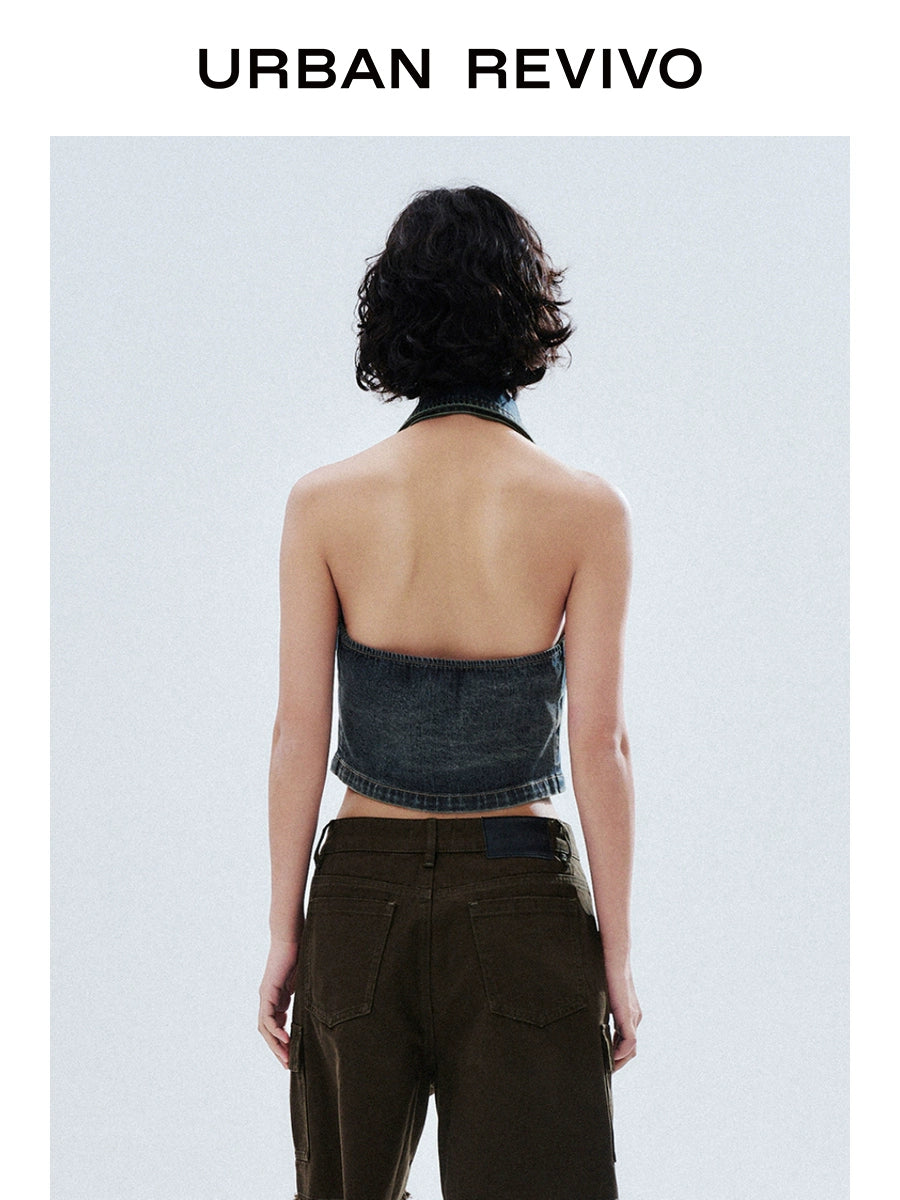 URBAN REVIVO Neck Halter Sleeveless Denim Shirt