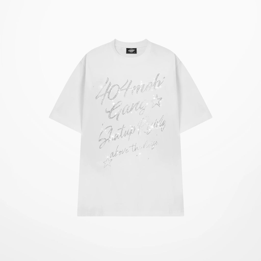 404MOB Letter Hot Diamond Round Neck Loose Tee
