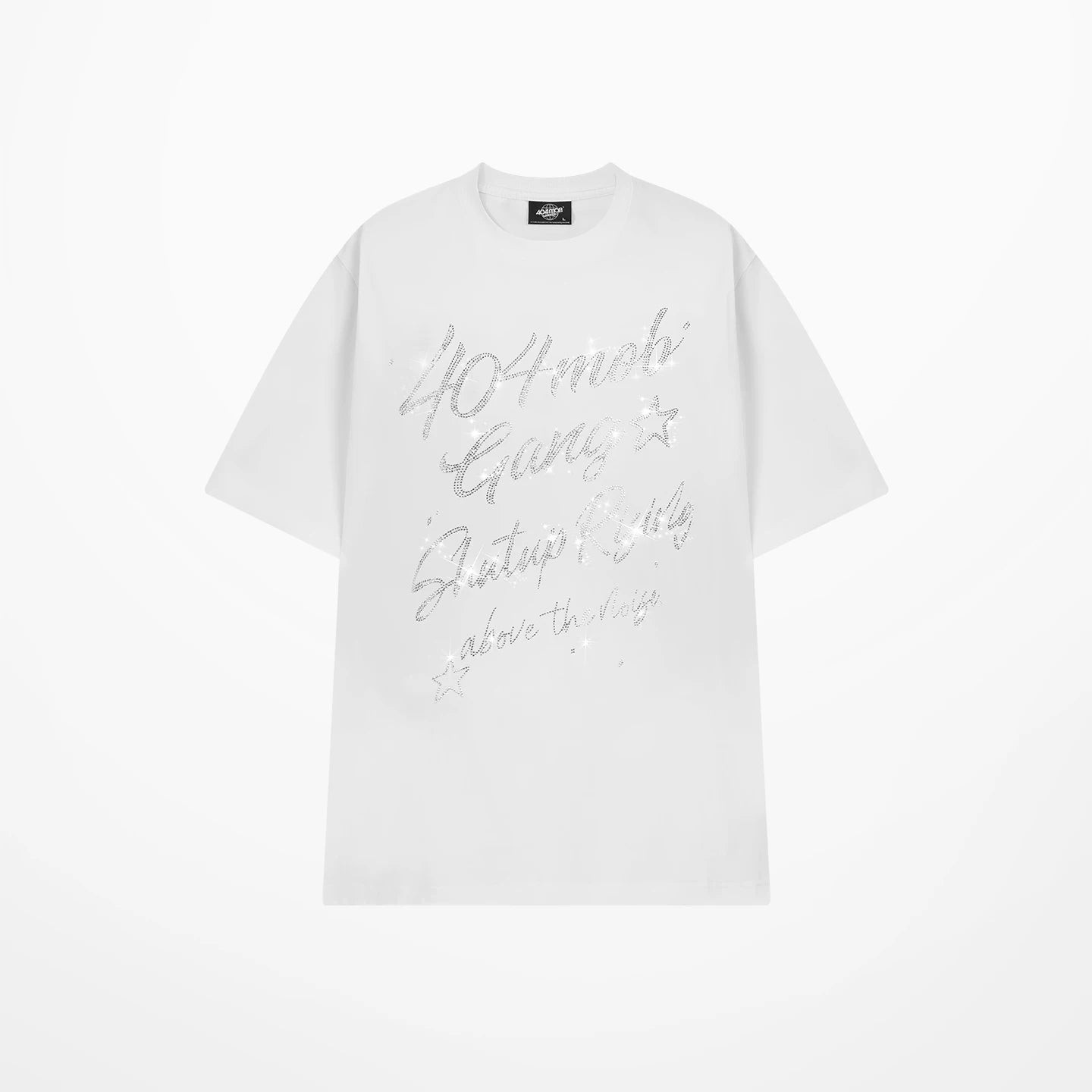 404MOB Letter Hot Diamond Round Neck Loose Tee