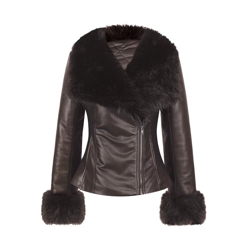 Audwyn Retro Pu Leather Lapel Eco-friendly Fur Coat