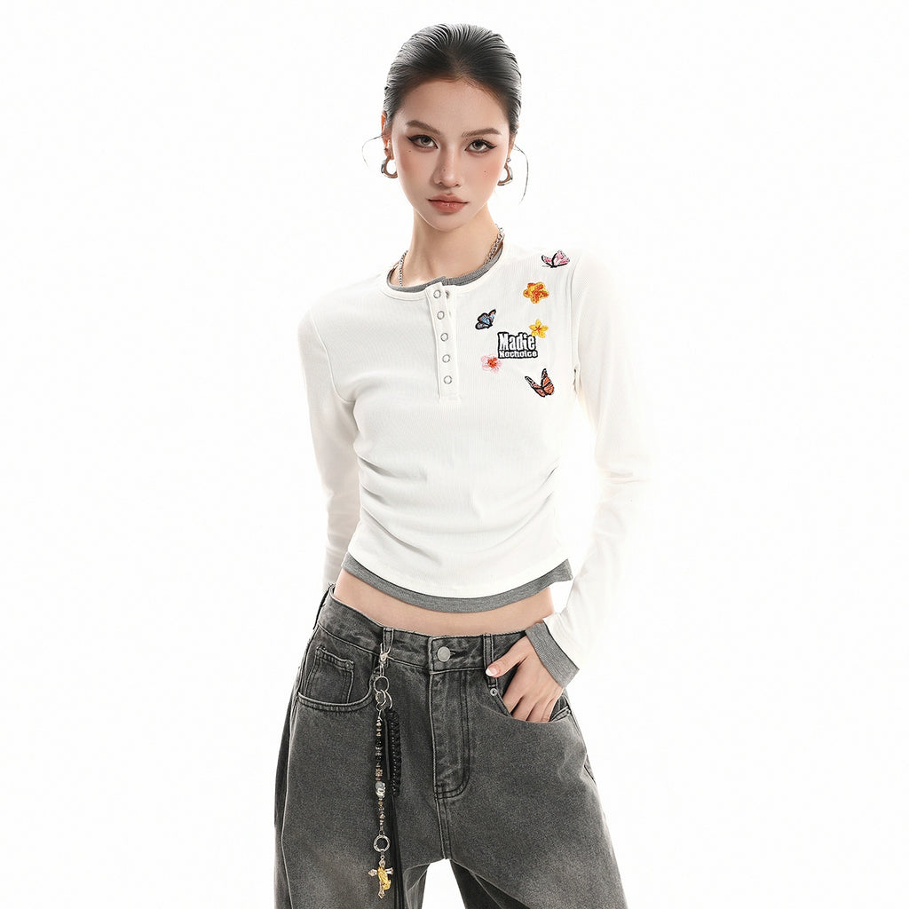 Kenvibe Vintage Alphabet Butterfly Embroidery Fake Two Piece Long Sleeve